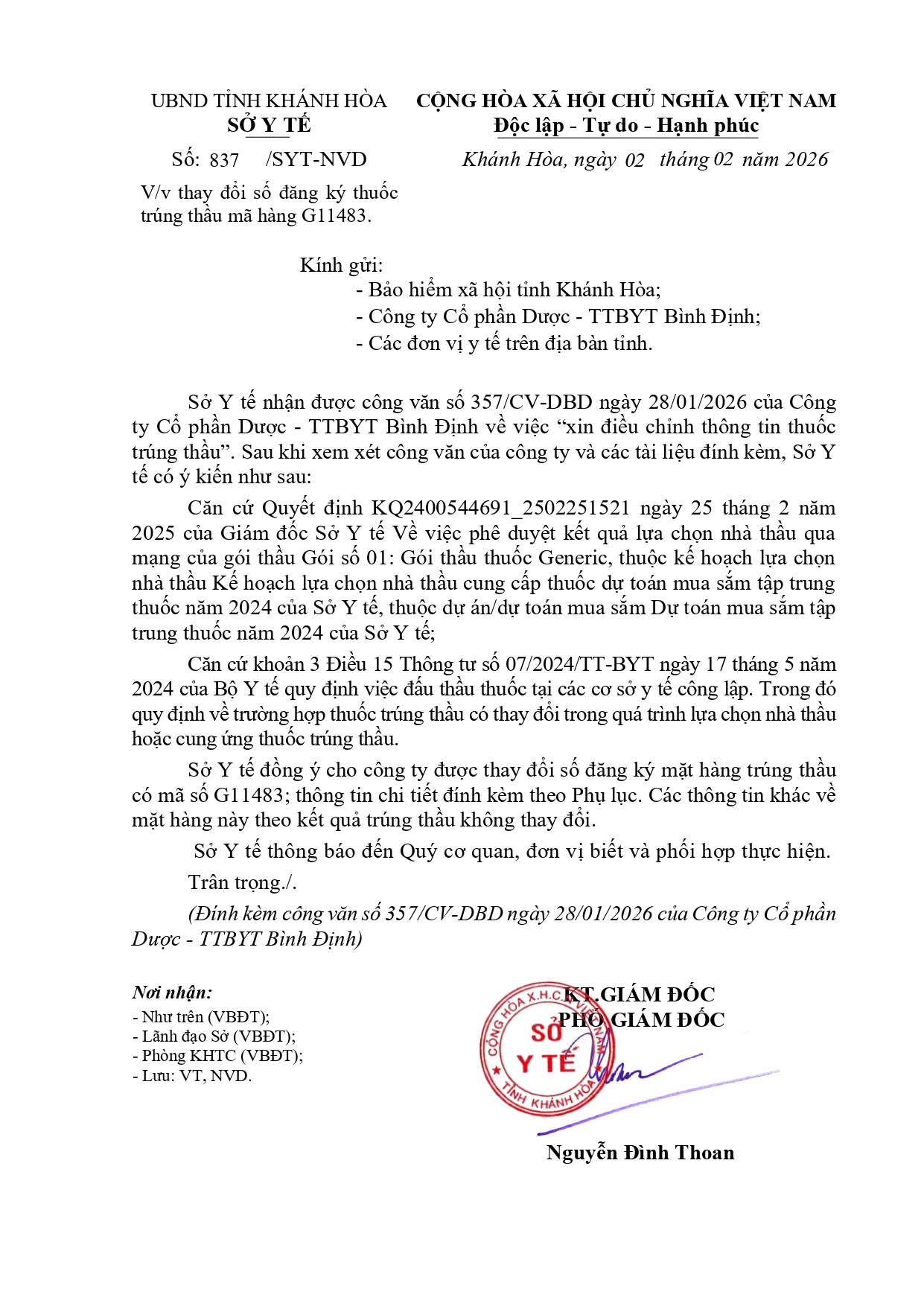 V/v thay đổi số đăng ký thuốc trúng thầu mã hàng G11483.